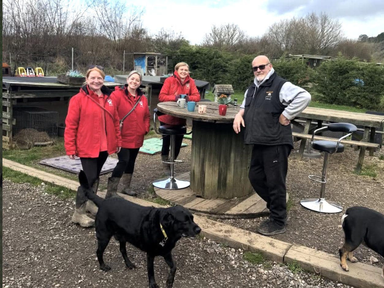 Hayley and Brian on the premises patio with the team gathered round the cable-drum table — two dogs at their feet and the Devon hills behind