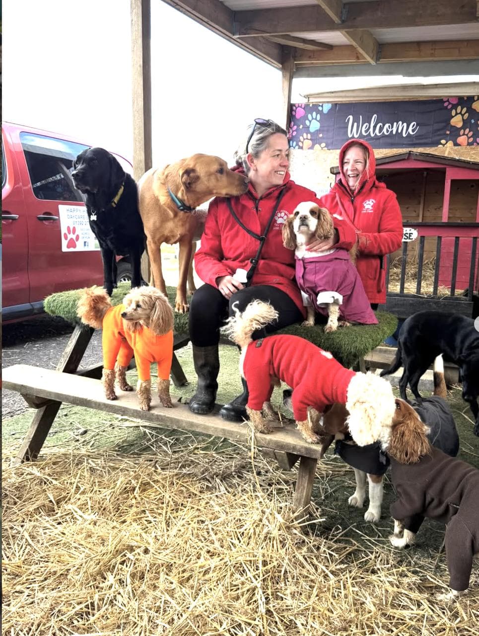 Winter day under the Welcome sign — Hayley and a helper on the picnic bench surrounded by six dogs in coats and hoodies, a Vizsla on the bench beside them.